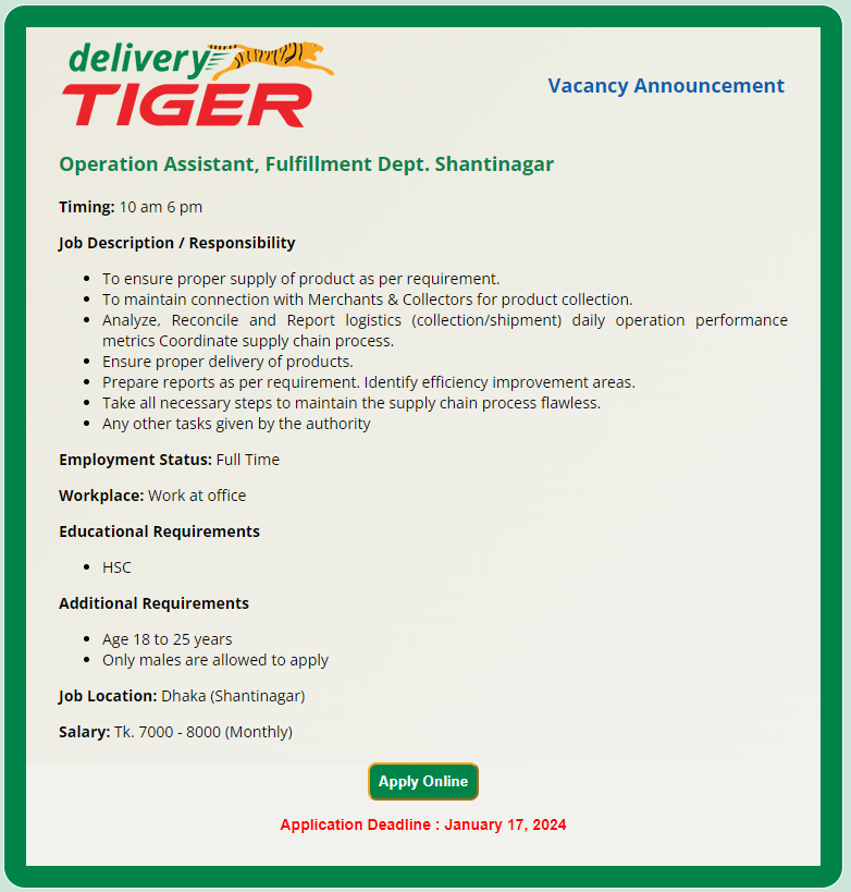 Delivery Tiger Job Opportunity 2024